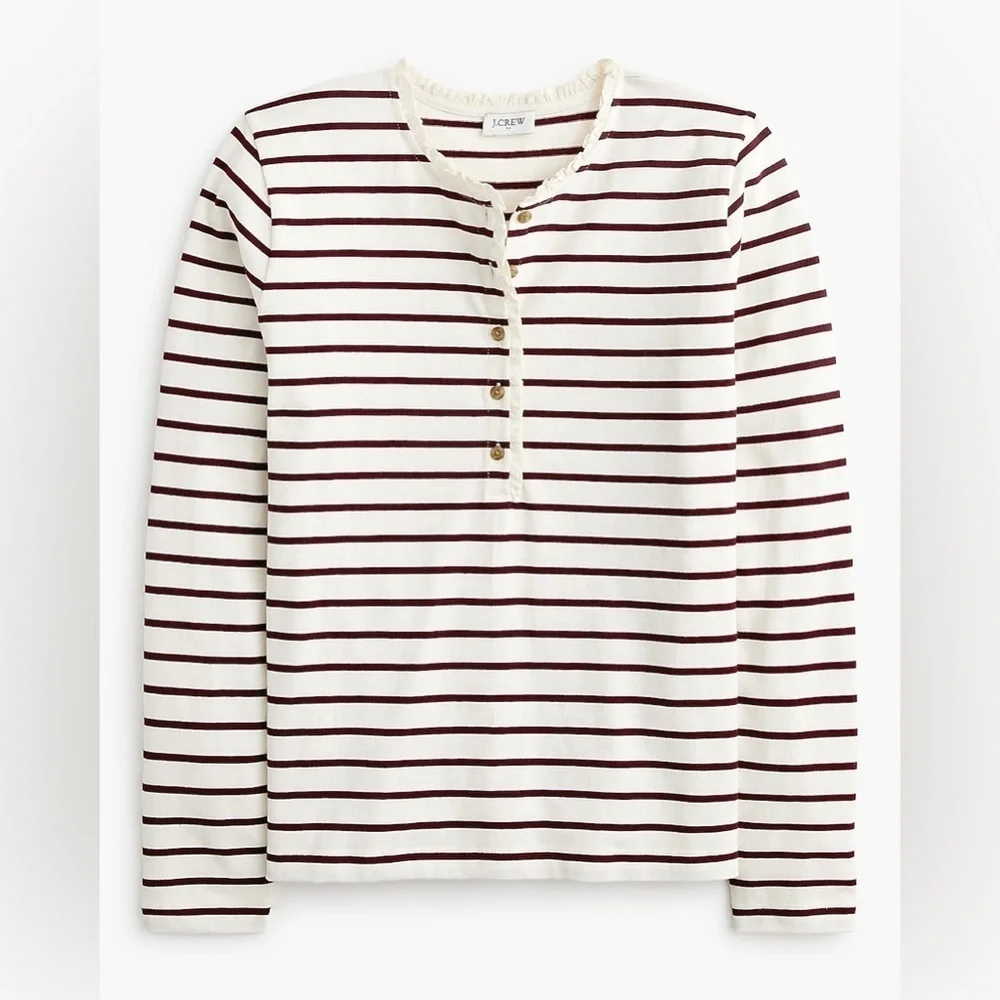 J crew ivory vintage burgundy Striped ruffle-collar henley